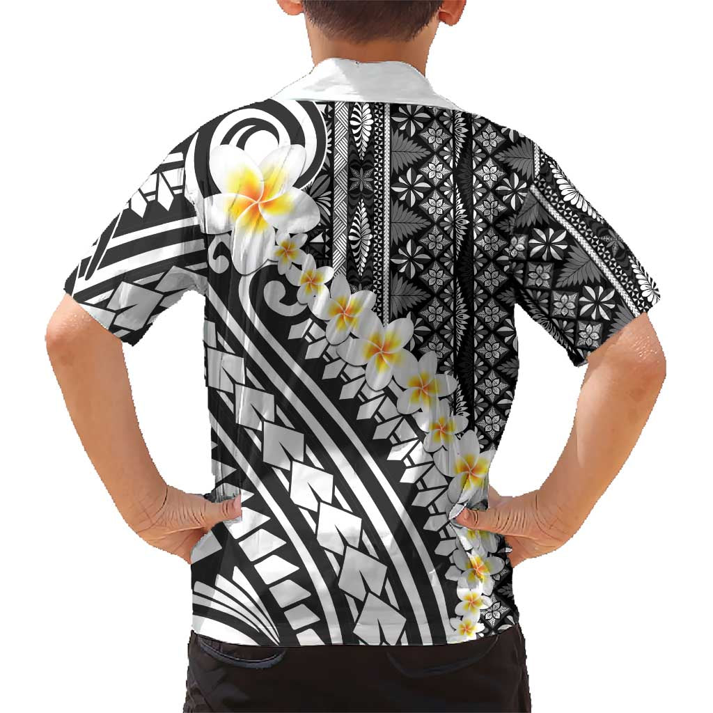 Black Vintage Tonga Ngatu Pattern With Plumeria Kid Hawaiian Shirt - Polynesian Pride