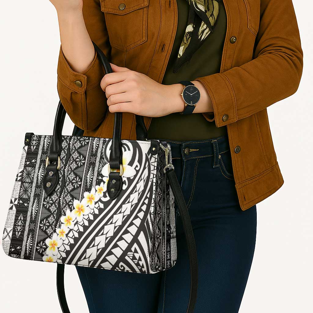 Black Vintage Tonga Ngatu Pattern With Plumeria Leather Bag - Polynesian Pride