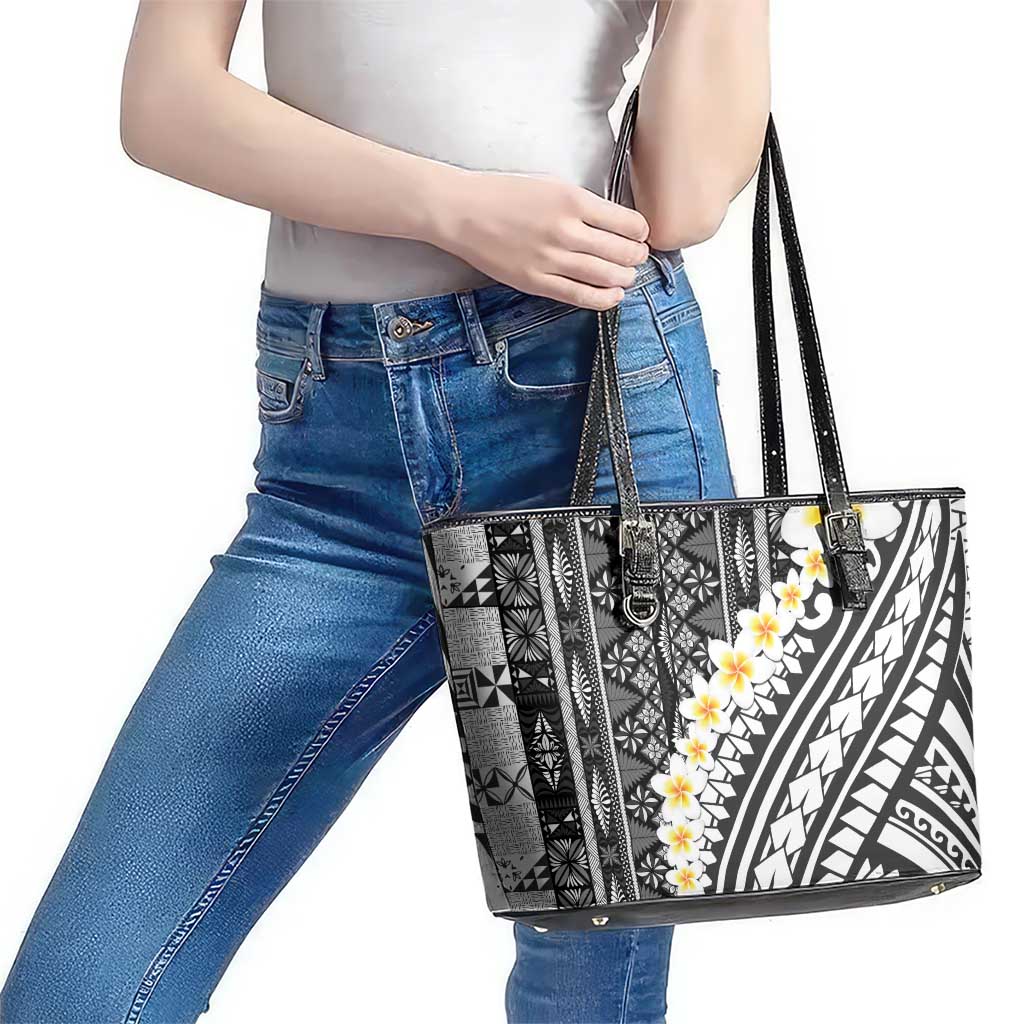 Black Vintage Tonga Ngatu Pattern With Plumeria Leather Tote Bag - Polynesian Pride