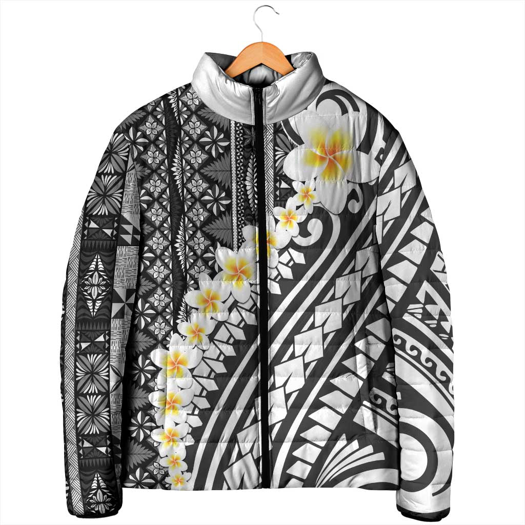 Black Vintage Tonga Ngatu Pattern With Plumeria Padded Jacket - Polynesian Pride