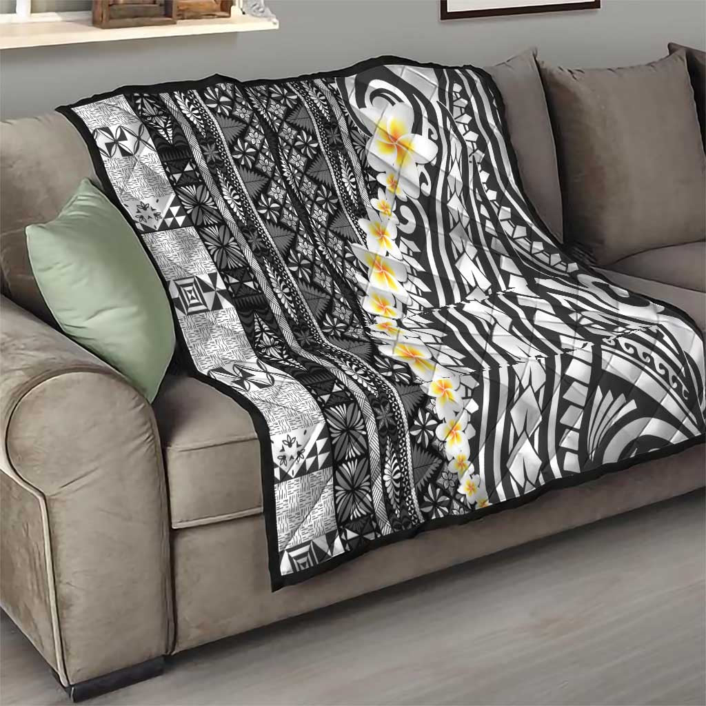 Black Vintage Tonga Ngatu Pattern With Plumeria Quilt - Polynesian Pride