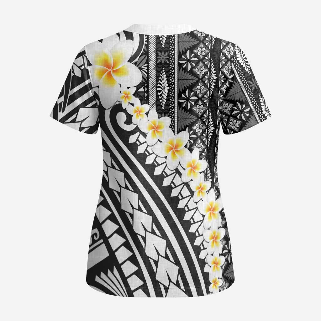 Black Vintage Tonga Ngatu Pattern With Plumeria Scrub Top - Polynesian Pride
