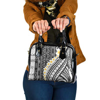 Black Vintage Tonga Ngatu Pattern With Plumeria Shoulder Handbag - Polynesian Pride