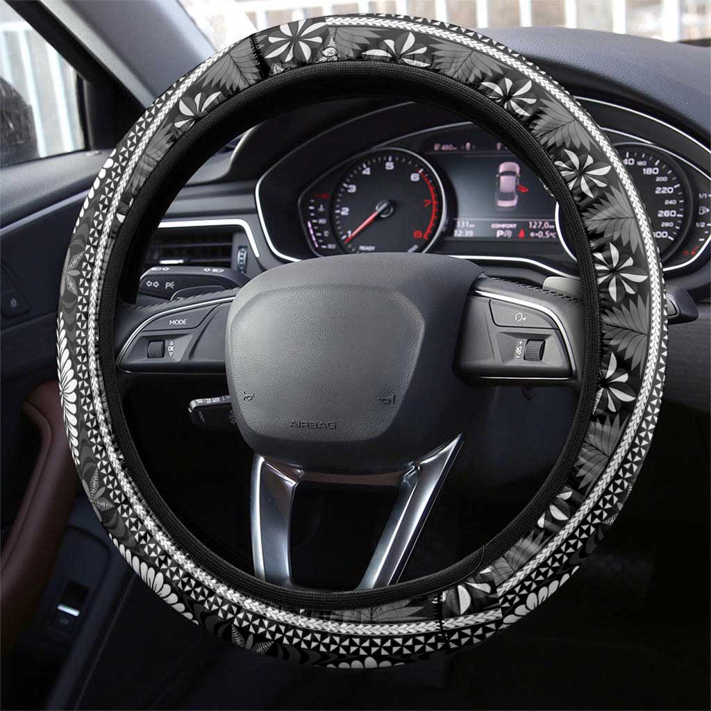 Black Vintage Tonga Ngatu Pattern With Plumeria Steering Wheel Cover - Polynesian Pride