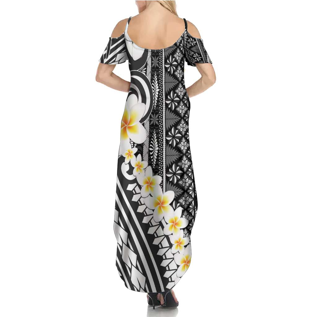 Black Vintage Tonga Ngatu Pattern With Plumeria Summer Maxi Dress - Polynesian Pride