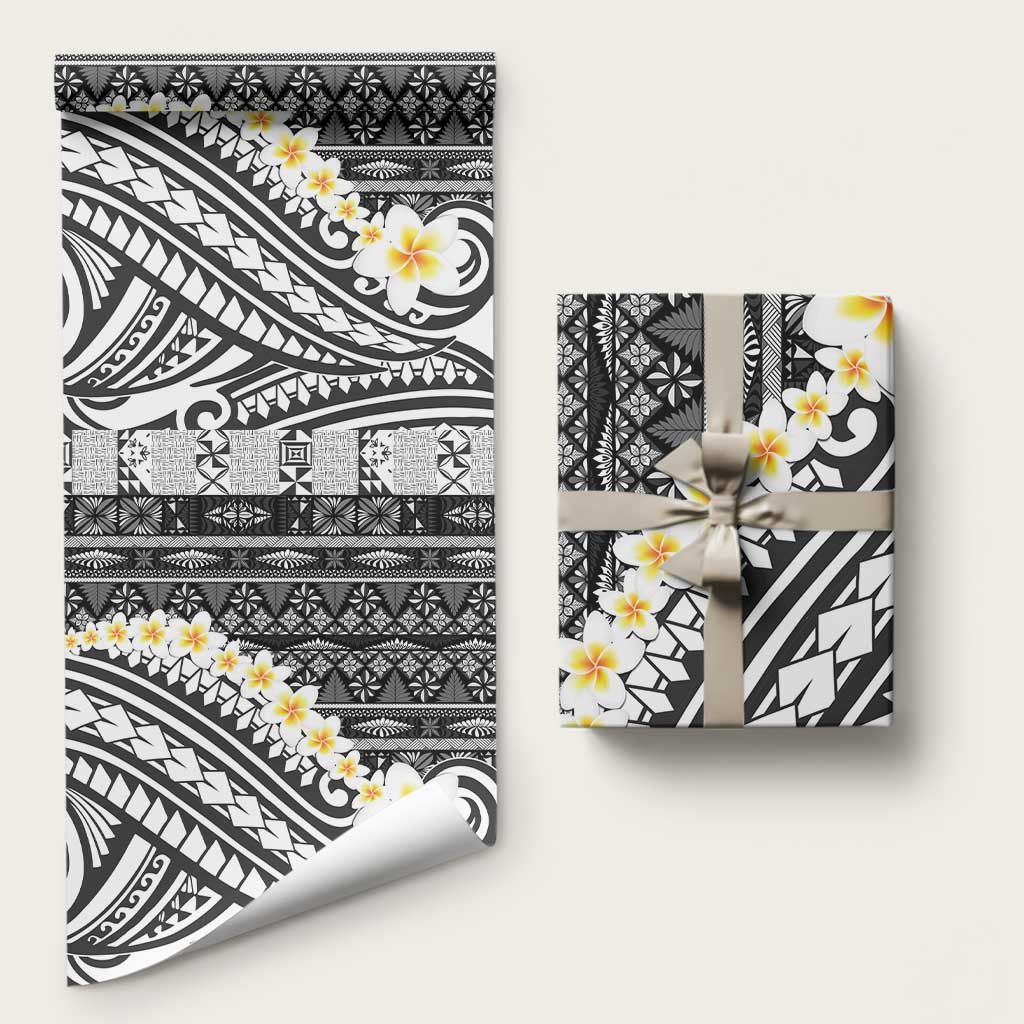 Black Vintage Tonga Ngatu Pattern With Plumeria Wrapping Paper