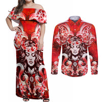 Hawaii Goddess Of Fire Madame Pele Couples Matching Off Shoulder Maxi Dress and Long Sleeve Button Shirt Polynesian Style LT05 Red - Polynesian Pride