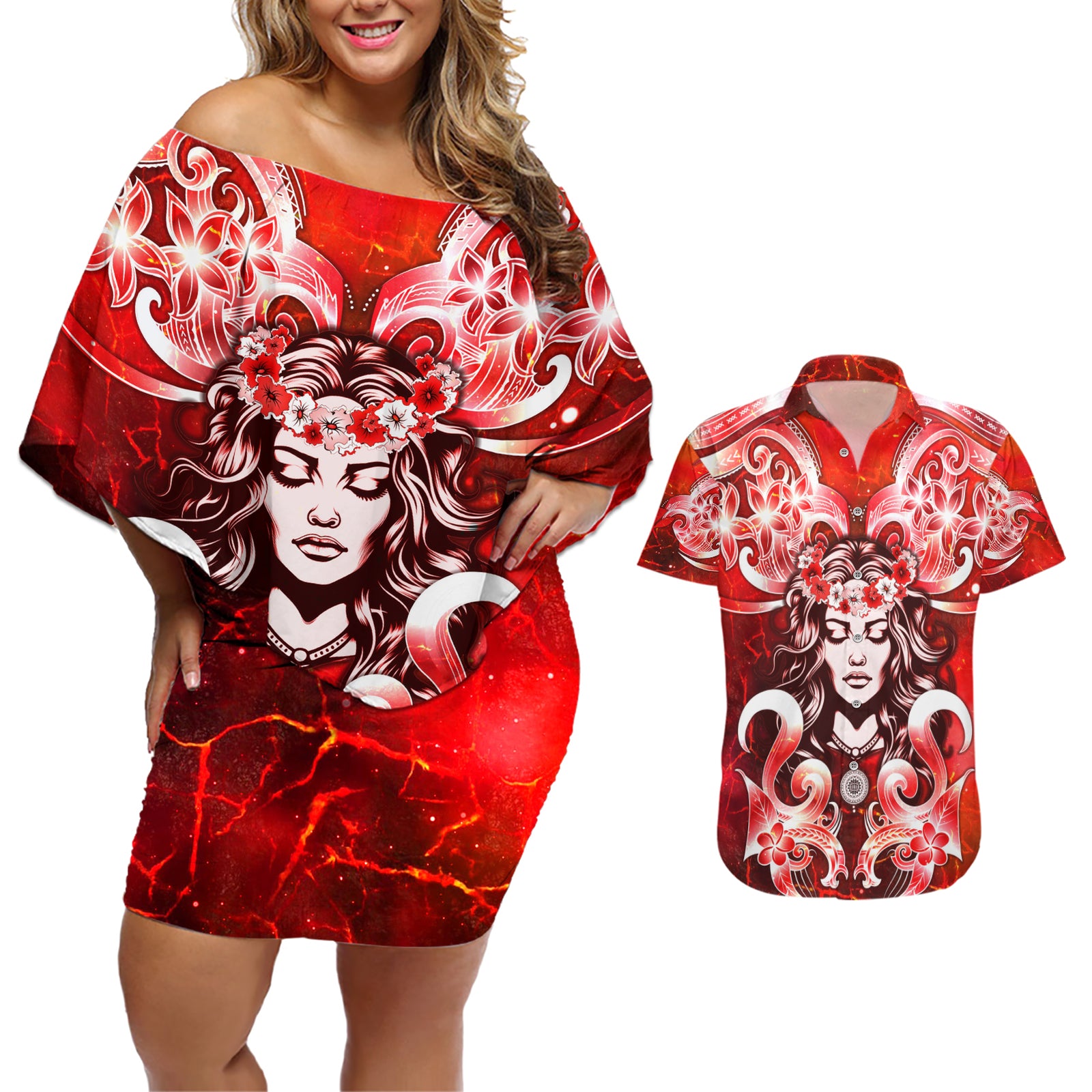 Hawaii Goddess Of Fire Madame Pele Couples Matching Off Shoulder Short Dress and Hawaiian Shirt Polynesian Style LT05 Red - Polynesian Pride