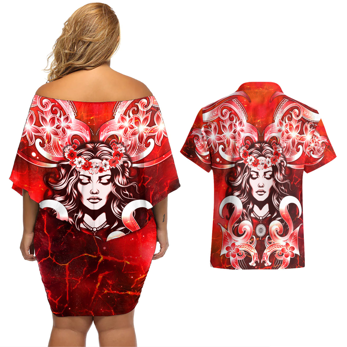 Hawaii Goddess Of Fire Madame Pele Couples Matching Off Shoulder Short Dress and Hawaiian Shirt Polynesian Style LT05 - Polynesian Pride