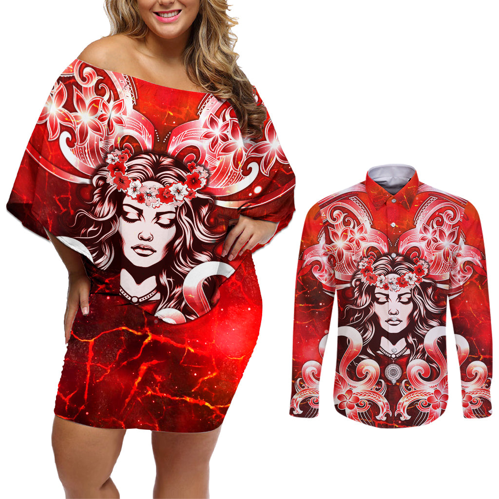 Hawaii Goddess Of Fire Madame Pele Couples Matching Off Shoulder Short Dress and Long Sleeve Button Shirt Polynesian Style LT05 Red - Polynesian Pride