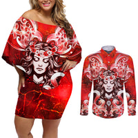 Hawaii Goddess Of Fire Madame Pele Couples Matching Off Shoulder Short Dress and Long Sleeve Button Shirt Polynesian Style LT05 Red - Polynesian Pride