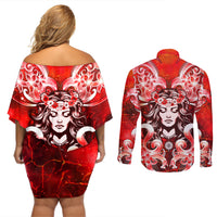 Hawaii Goddess Of Fire Madame Pele Couples Matching Off Shoulder Short Dress and Long Sleeve Button Shirt Polynesian Style LT05 - Polynesian Pride