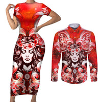 Hawaii Goddess Of Fire Madame Pele Couples Matching Short Sleeve Bodycon Dress and Long Sleeve Button Shirt Polynesian Style LT05 Red - Polynesian Pride