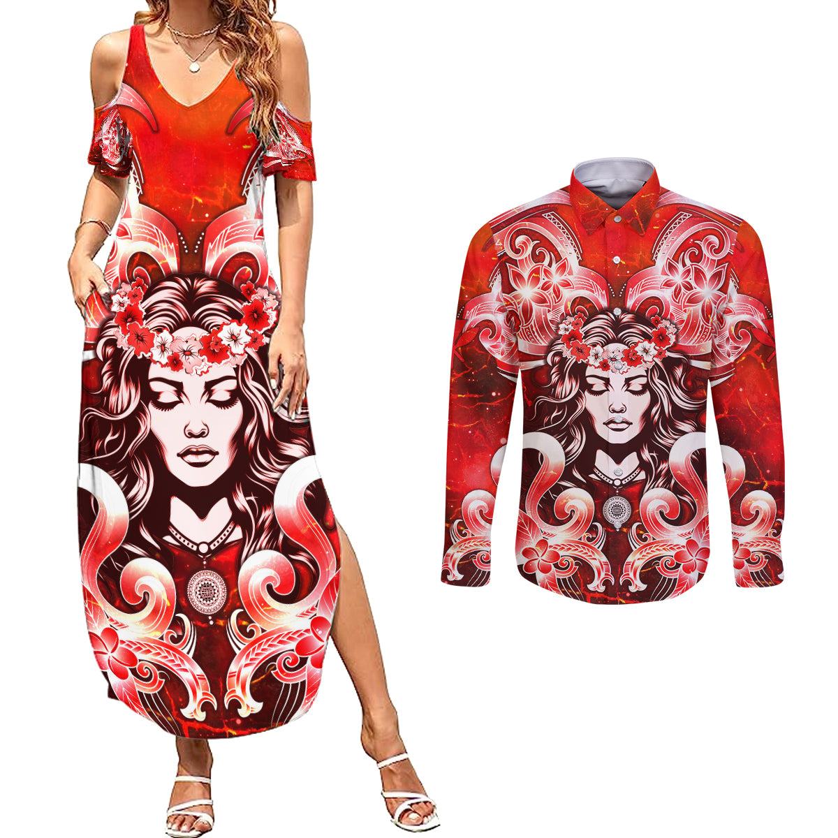 Hawaii Goddess Of Fire Madame Pele Couples Matching Summer Maxi Dress and Long Sleeve Button Shirt Polynesian Style LT05 Red - Polynesian Pride