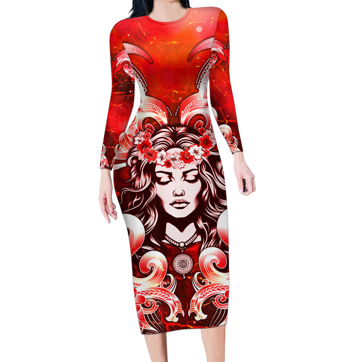 Hawaii Goddess Of Fire Madame Pele Family Matching Long Sleeve Bodycon Dress and Hawaiian Shirt Polynesian Style LT05 Mom's Dress Red - Polynesian Pride