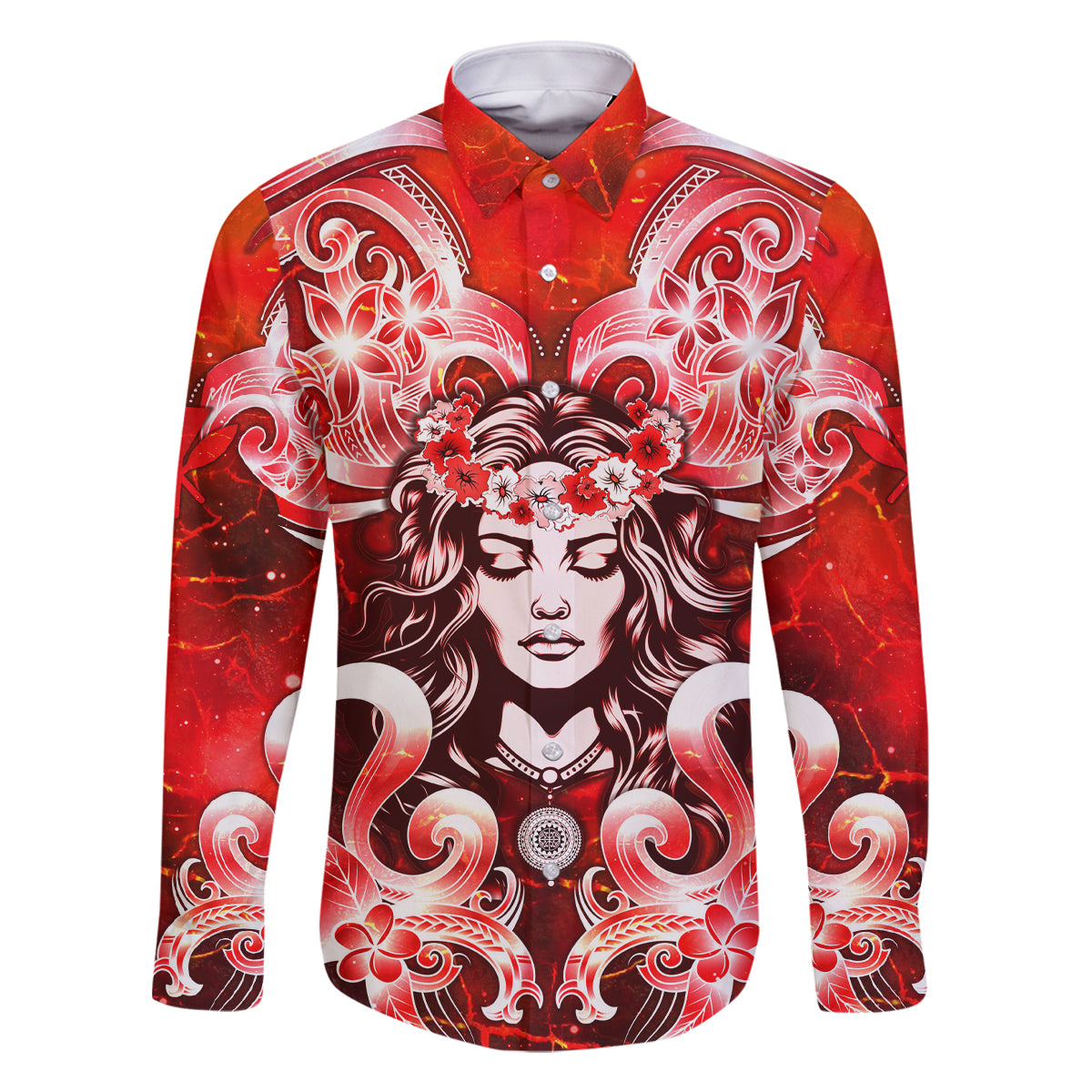 Hawaii Goddess Of Fire Madame Pele Family Matching Mermaid Dress and Hawaiian Shirt Polynesian Style LT05 Dad's Shirt - Long Sleeve Red - Polynesian Pride