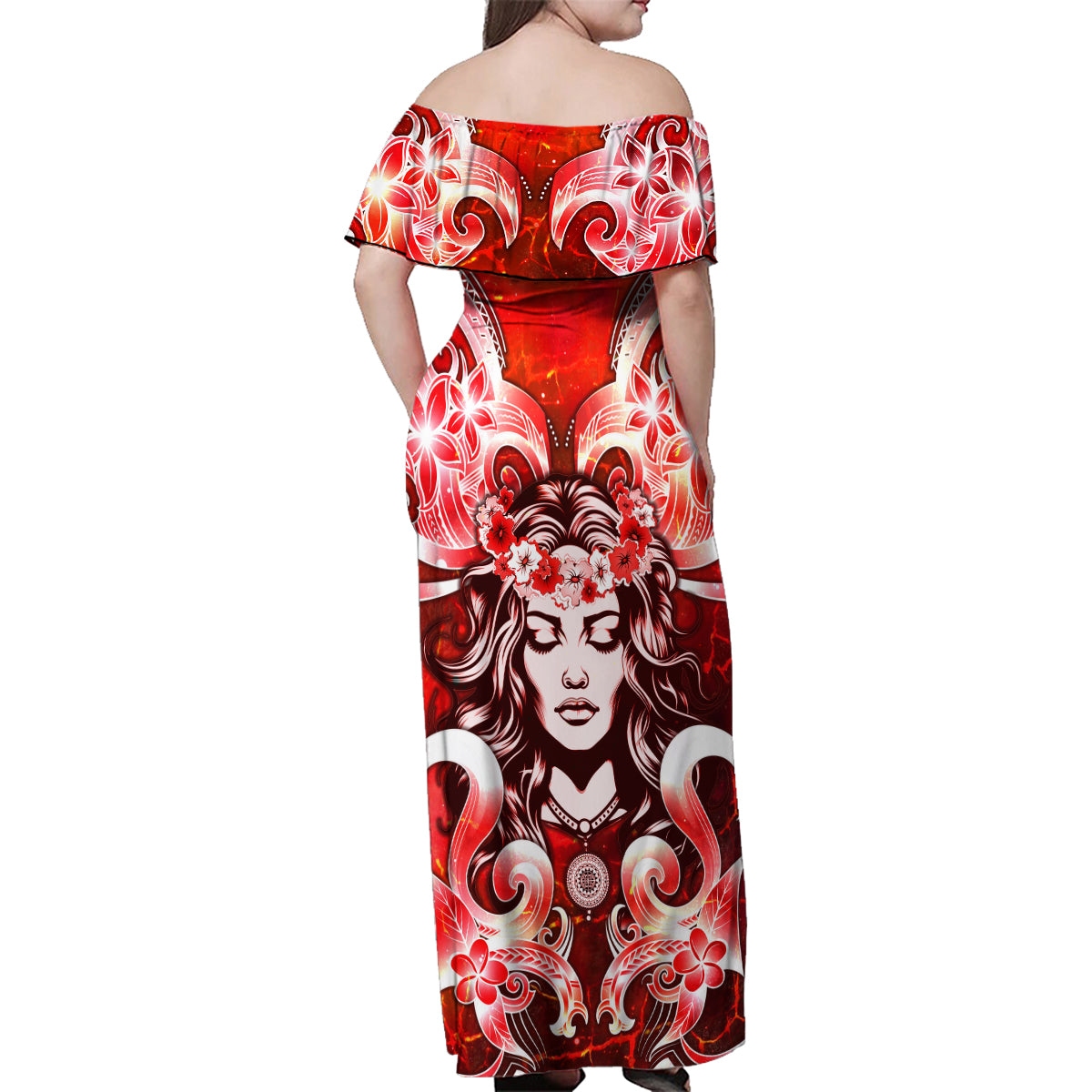 Hawaii Goddess Of Fire Madame Pele Family Matching Off Shoulder Maxi Dress and Hawaiian Shirt Polynesian Style LT05 - Polynesian Pride