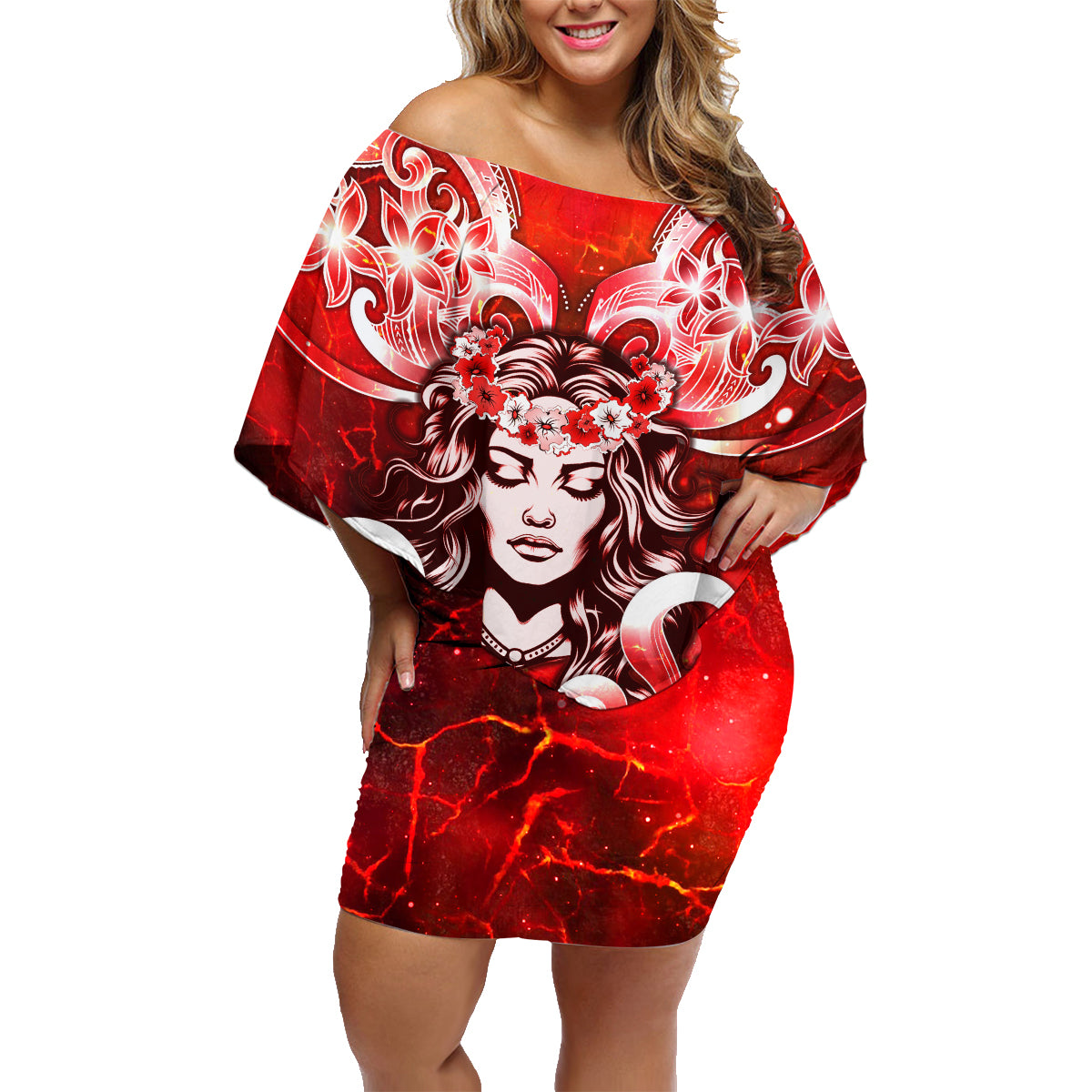 Hawaii Goddess Of Fire Madame Pele Family Matching Off Shoulder Short Dress and Hawaiian Shirt Polynesian Style LT05 Mom's Dress Red - Polynesian Pride
