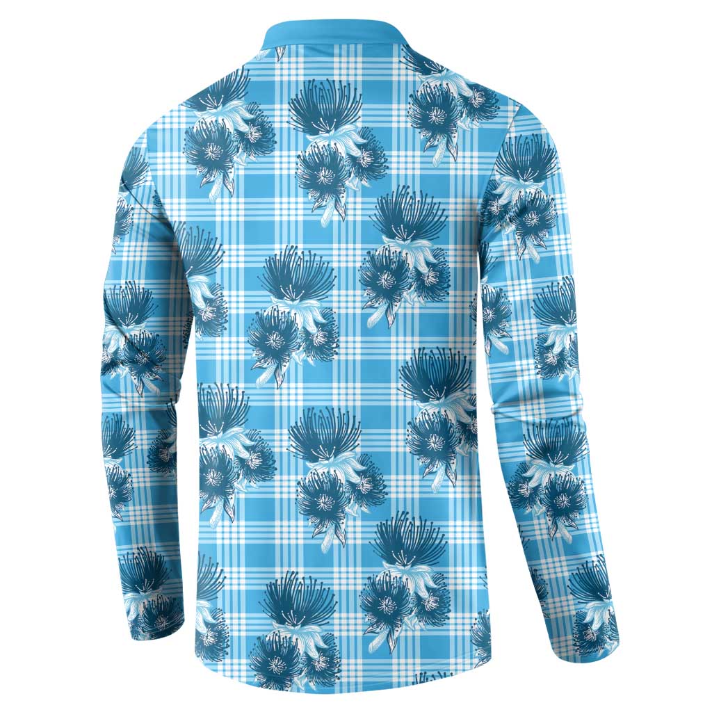 Blue Palaka Hawaii Button Sweatshirt Hawaiian Lehua Blossoms