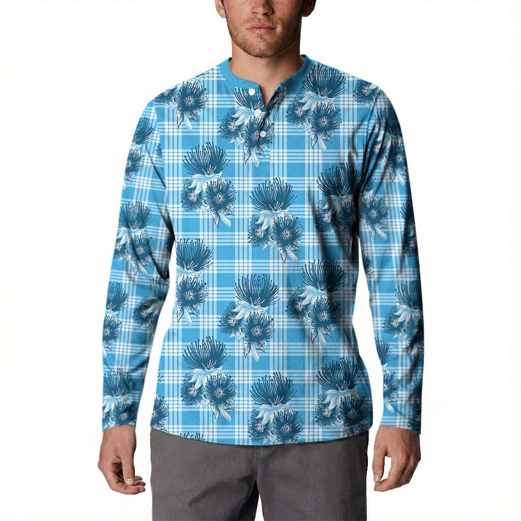 Blue Palaka Hawaii Button Sweatshirt Hawaiian Lehua Blossoms