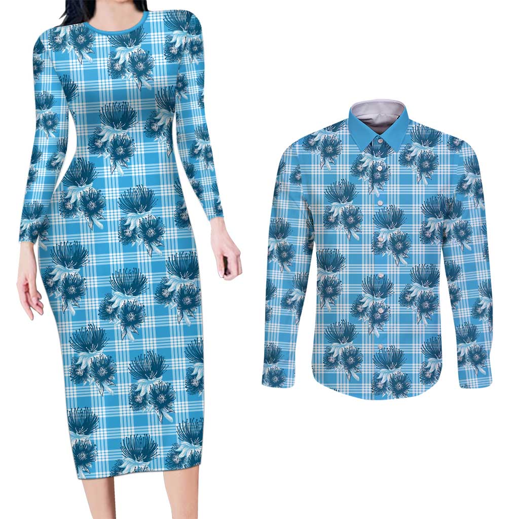 Blue Palaka Hawaii Couples Matching Long Sleeve Bodycon Dress and Long Sleeve Button Shirt Hawaiian Lehua Blossoms