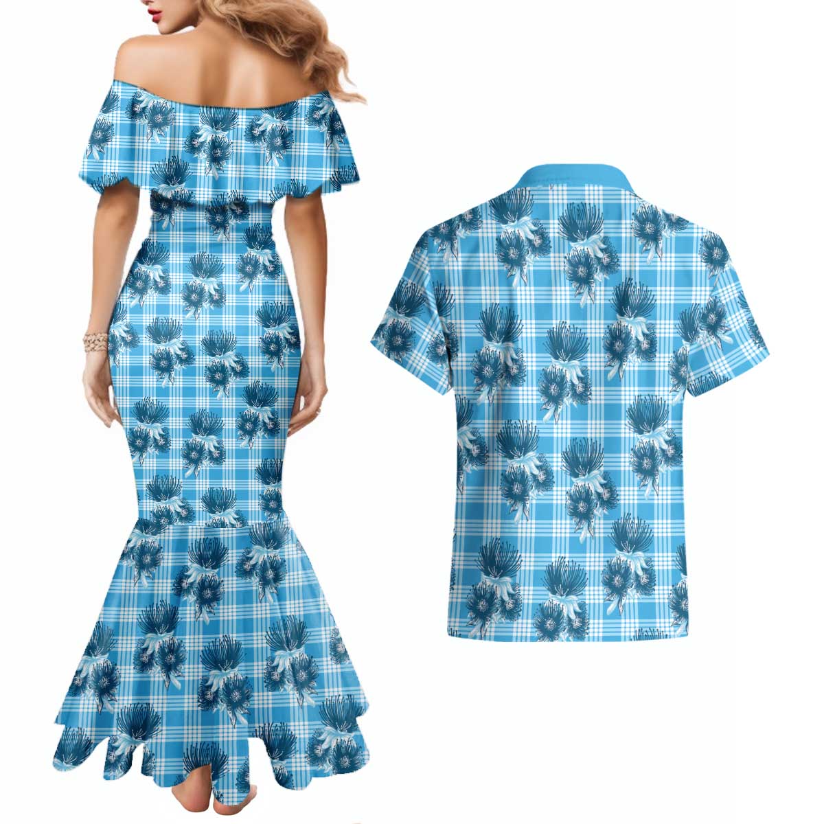 Blue Palaka Hawaii Couples Matching Mermaid Dress and Hawaiian Shirt Hawaiian Lehua Blossoms