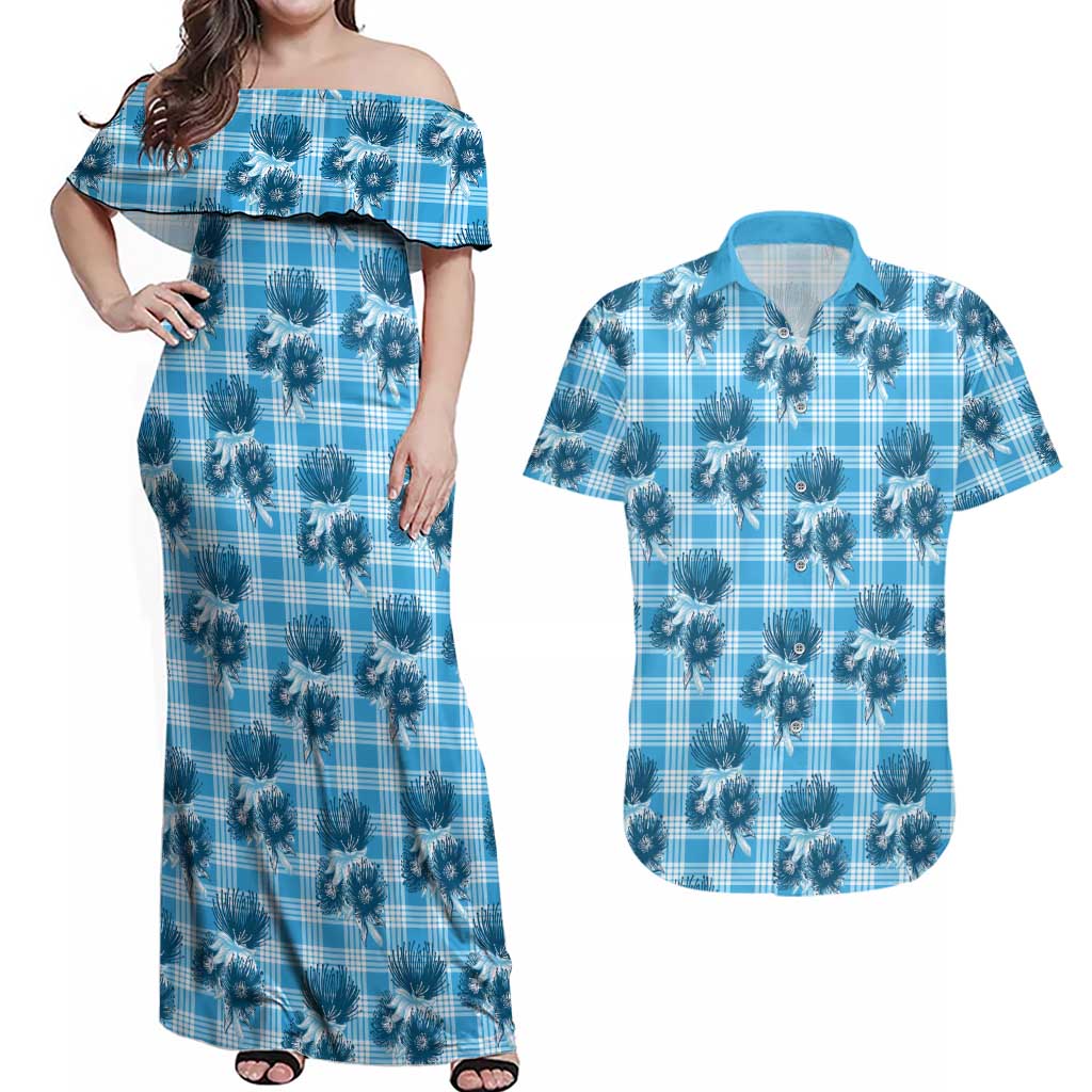 Blue Palaka Hawaii Couples Matching Off Shoulder Maxi Dress and Hawaiian Shirt Hawaiian Lehua Blossoms