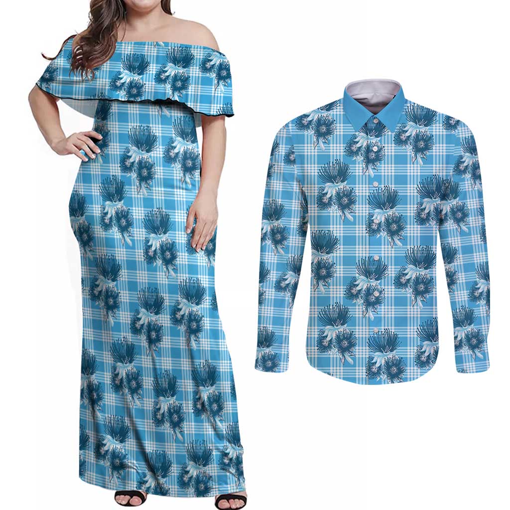Blue Palaka Hawaii Couples Matching Off Shoulder Maxi Dress and Long Sleeve Button Shirt Hawaiian Lehua Blossoms