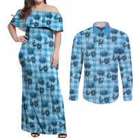 Blue Palaka Hawaii Couples Matching Off Shoulder Maxi Dress and Long Sleeve Button Shirt Hawaiian Lehua Blossoms