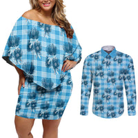 Blue Palaka Hawaii Couples Matching Off Shoulder Short Dress and Long Sleeve Button Shirt Hawaiian Lehua Blossoms LT05 Blue - Polynesian Pride