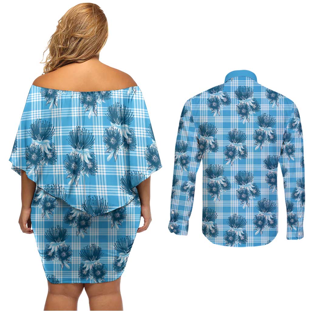 Blue Palaka Hawaii Couples Matching Off Shoulder Short Dress and Long Sleeve Button Shirt Hawaiian Lehua Blossoms LT05 - Polynesian Pride