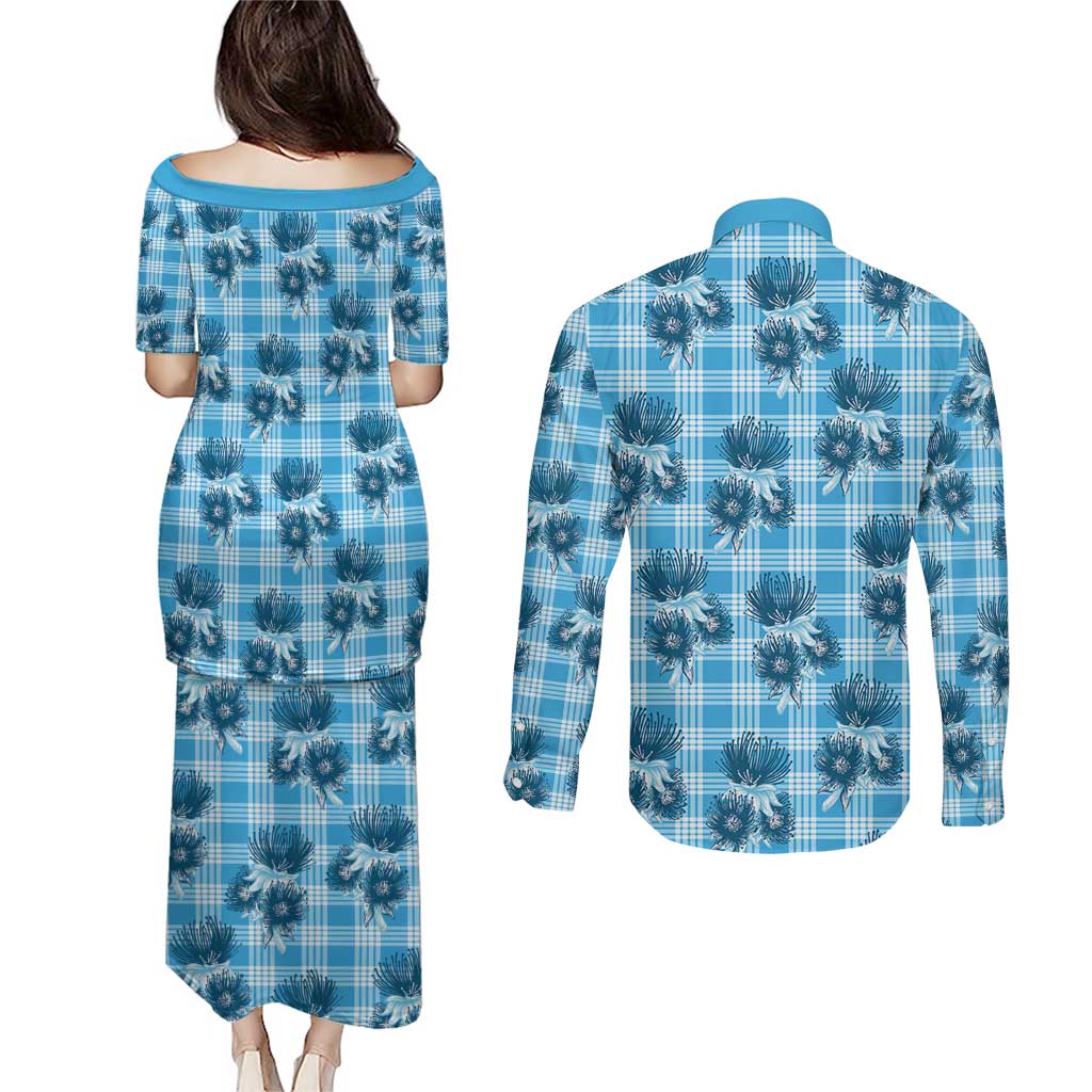 Blue Palaka Hawaii Couples Matching Puletasi and Long Sleeve Button Shirt Hawaiian Lehua Blossoms