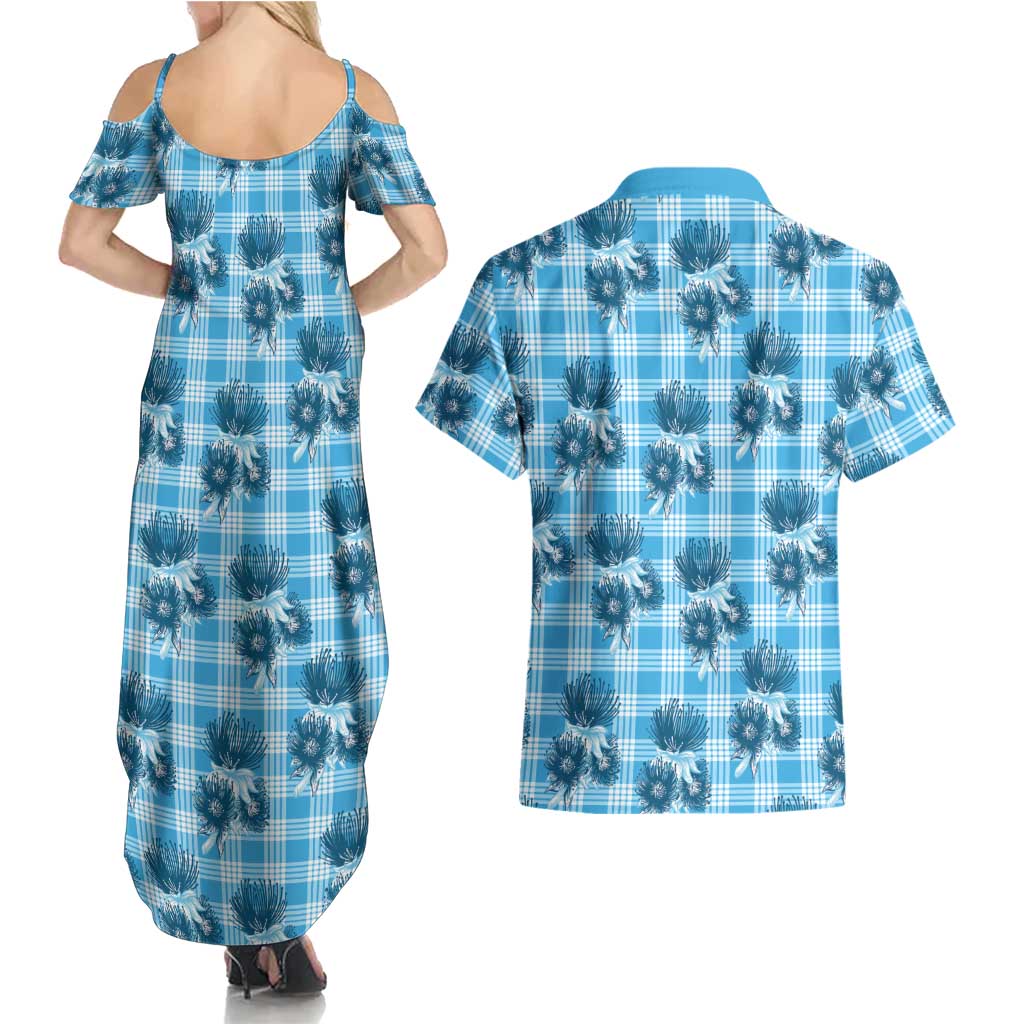 Blue Palaka Hawaii Couples Matching Summer Maxi Dress and Hawaiian Shirt Hawaiian Lehua Blossoms