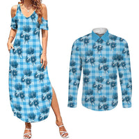 Blue Palaka Hawaii Couples Matching Summer Maxi Dress and Long Sleeve Button Shirt Hawaiian Lehua Blossoms