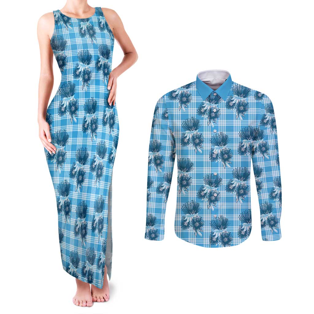 Blue Palaka Hawaii Couples Matching Tank Maxi Dress and Long Sleeve Button Shirt Hawaiian Lehua Blossoms