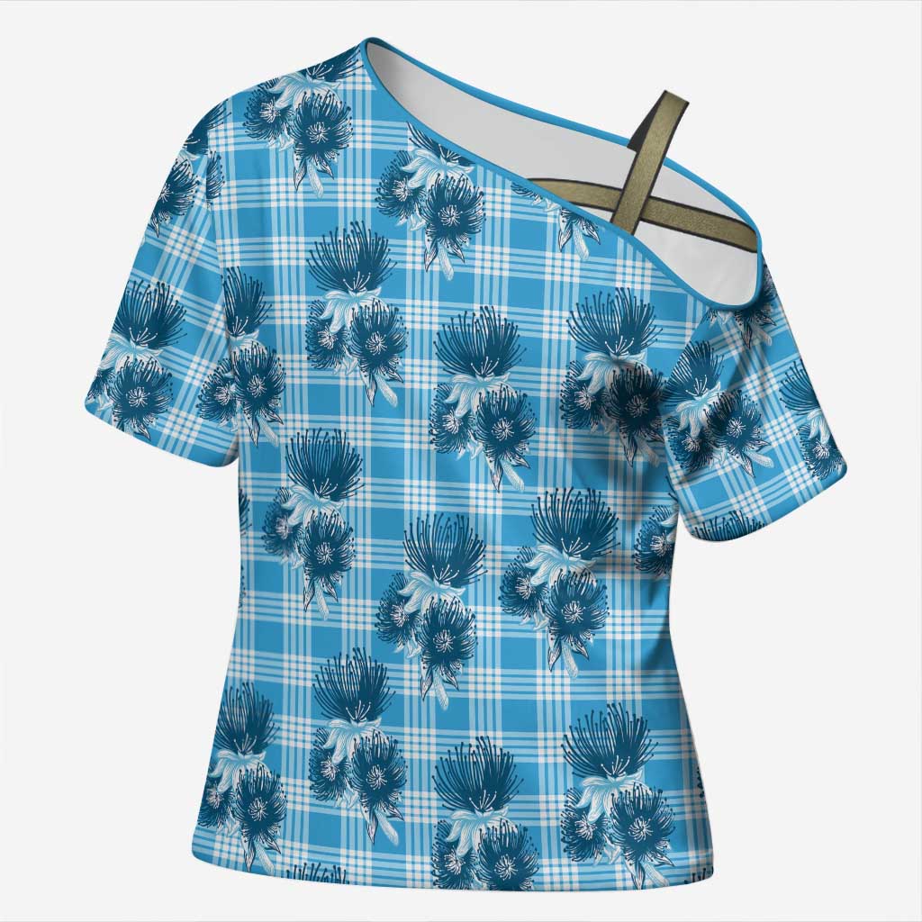 Blue Palaka Hawaii Cross Shoulder Shirt Hawaiian Lehua Blossoms