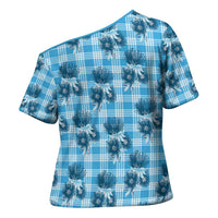 Blue Palaka Hawaii Cross Shoulder Shirt Hawaiian Lehua Blossoms