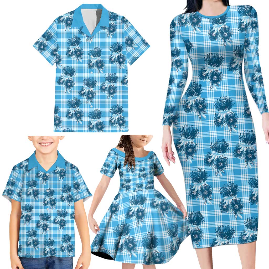 Blue Palaka Hawaii Family Matching Long Sleeve Bodycon Dress and Hawaiian Shirt Hawaiian Lehua Blossoms LT05 - Polynesian Pride