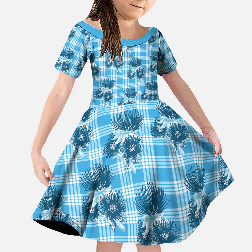 Blue Palaka Hawaii Family Matching Mermaid Dress and Hawaiian Shirt Hawaiian Lehua Blossoms LT05 Daughter's Dress Blue - Polynesian Pride