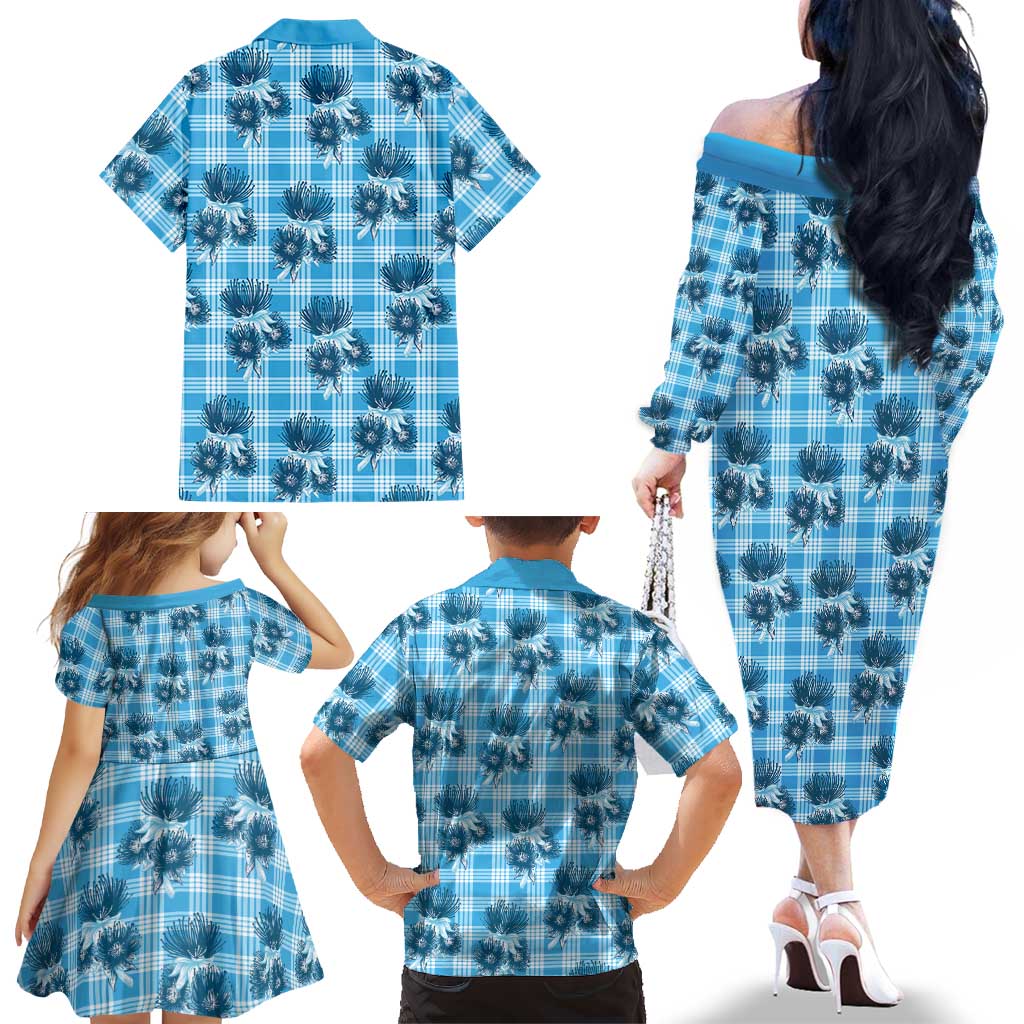 Blue Palaka Hawaii Family Matching Off The Shoulder Long Sleeve Dress and Hawaiian Shirt Hawaiian Lehua Blossoms LT05 - Polynesian Pride