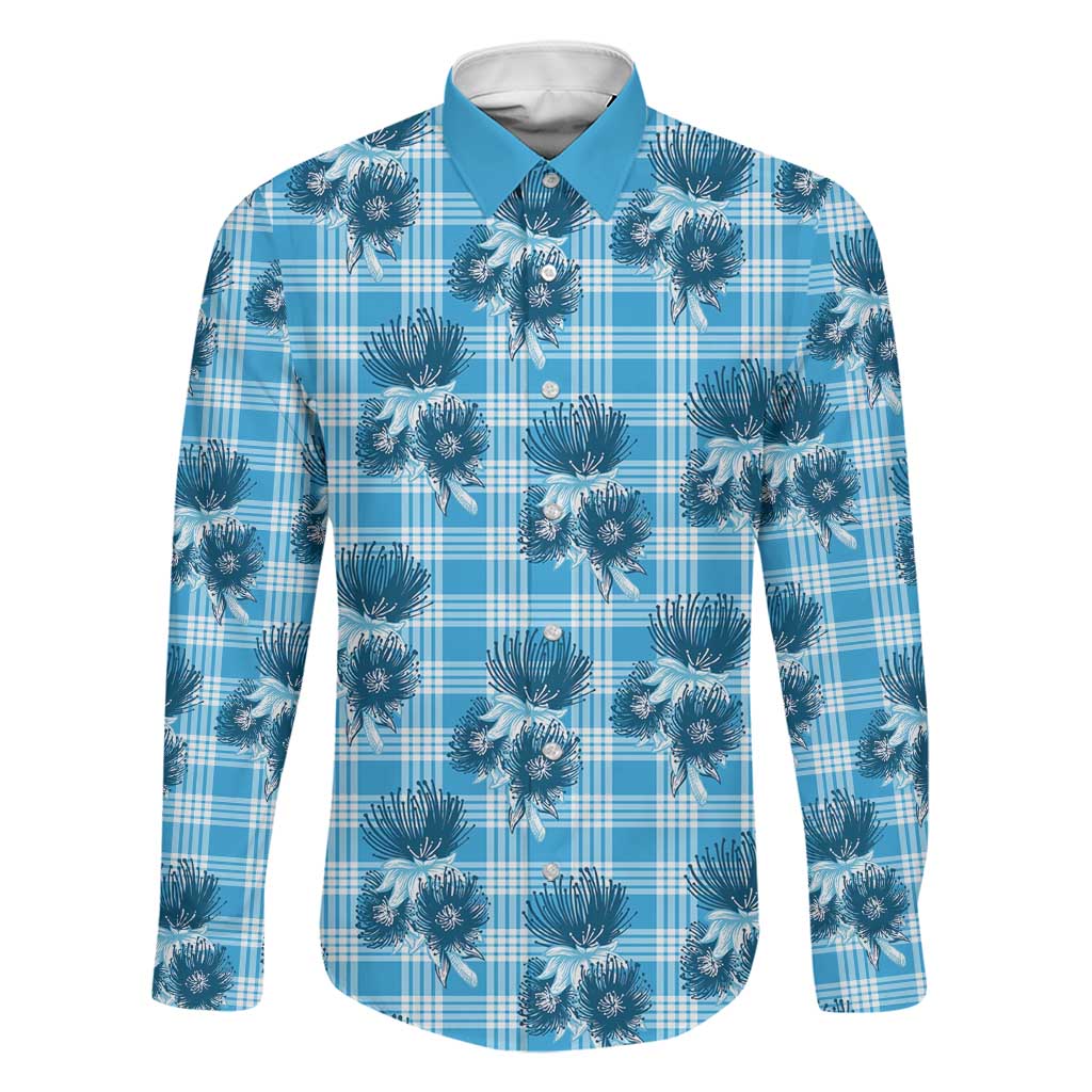 Blue Palaka Hawaii Family Matching Off The Shoulder Long Sleeve Dress and Hawaiian Shirt Hawaiian Lehua Blossoms LT05 Dad's Shirt - Long Sleeve Blue - Polynesian Pride