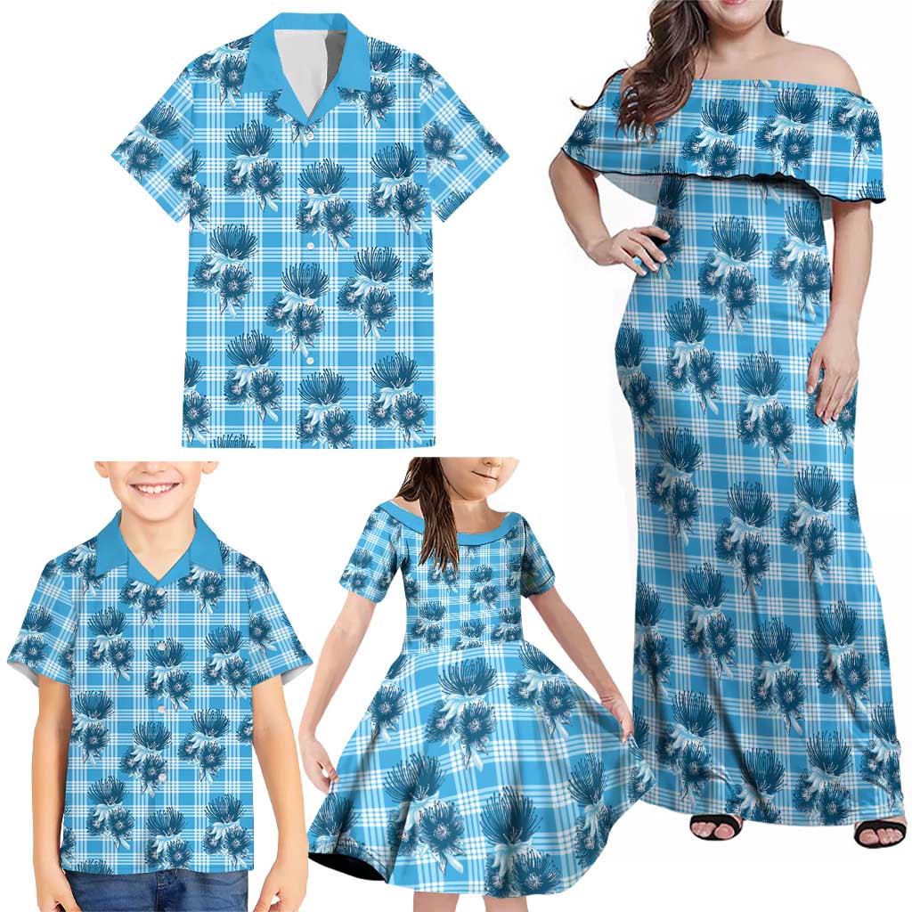 Blue Palaka Hawaii Family Matching Off Shoulder Maxi Dress and Hawaiian Shirt Hawaiian Lehua Blossoms LT05 - Polynesian Pride