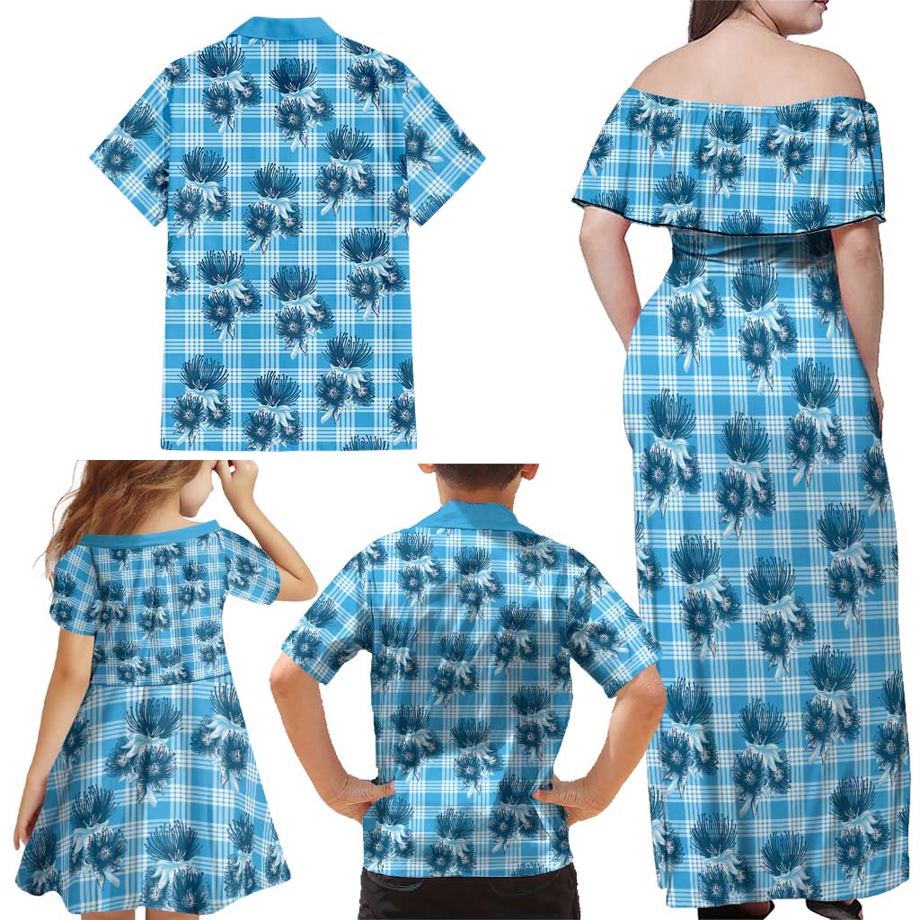 Blue Palaka Hawaii Family Matching Off Shoulder Maxi Dress and Hawaiian Shirt Hawaiian Lehua Blossoms LT05 - Polynesian Pride
