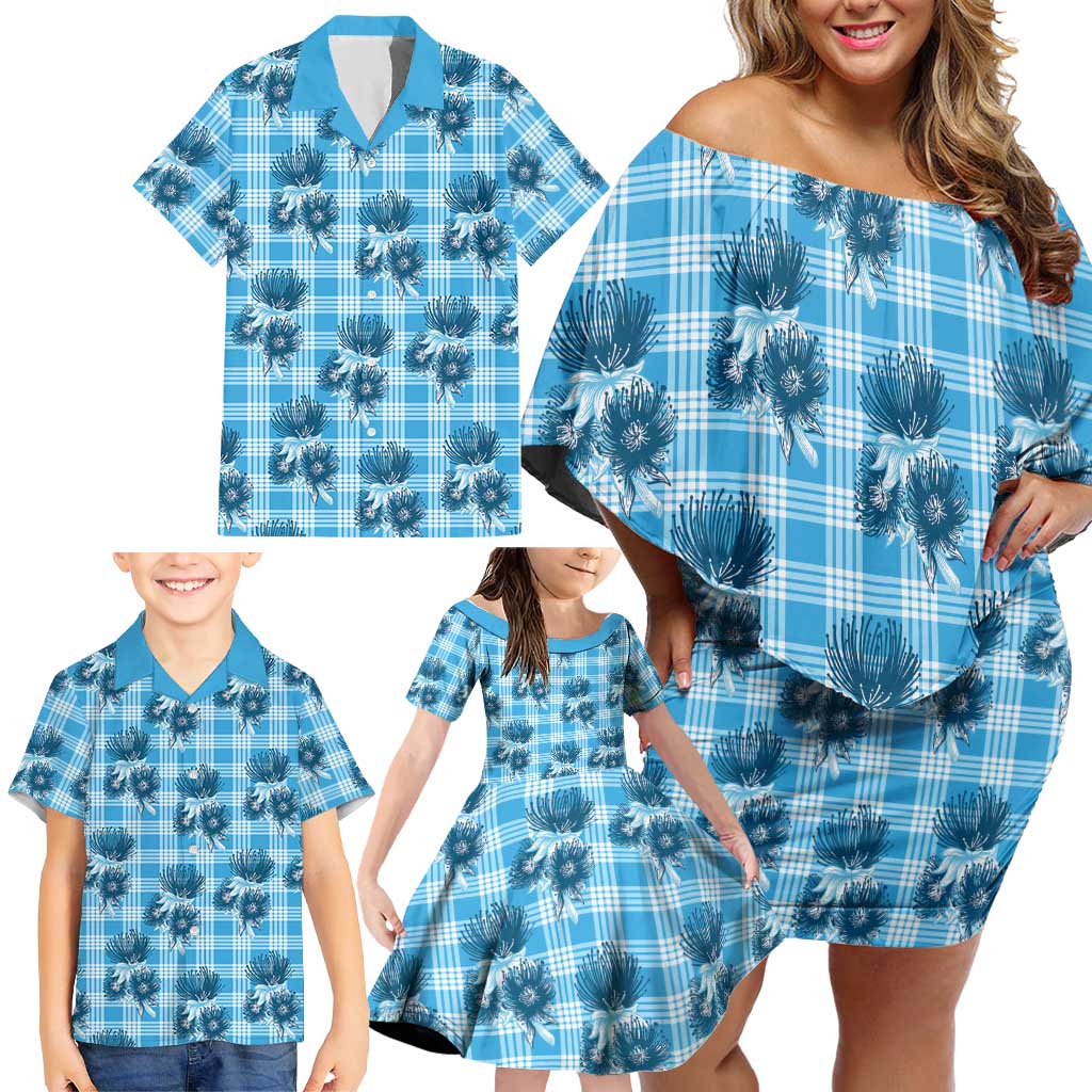 Blue Palaka Hawaii Family Matching Off Shoulder Short Dress and Hawaiian Shirt Hawaiian Lehua Blossoms LT05 - Polynesian Pride