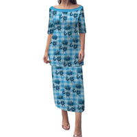 Blue Palaka Hawaii Family Matching Puletasi and Hawaiian Shirt Hawaiian Lehua Blossoms LT05 Mom's Dress Blue - Polynesian Pride