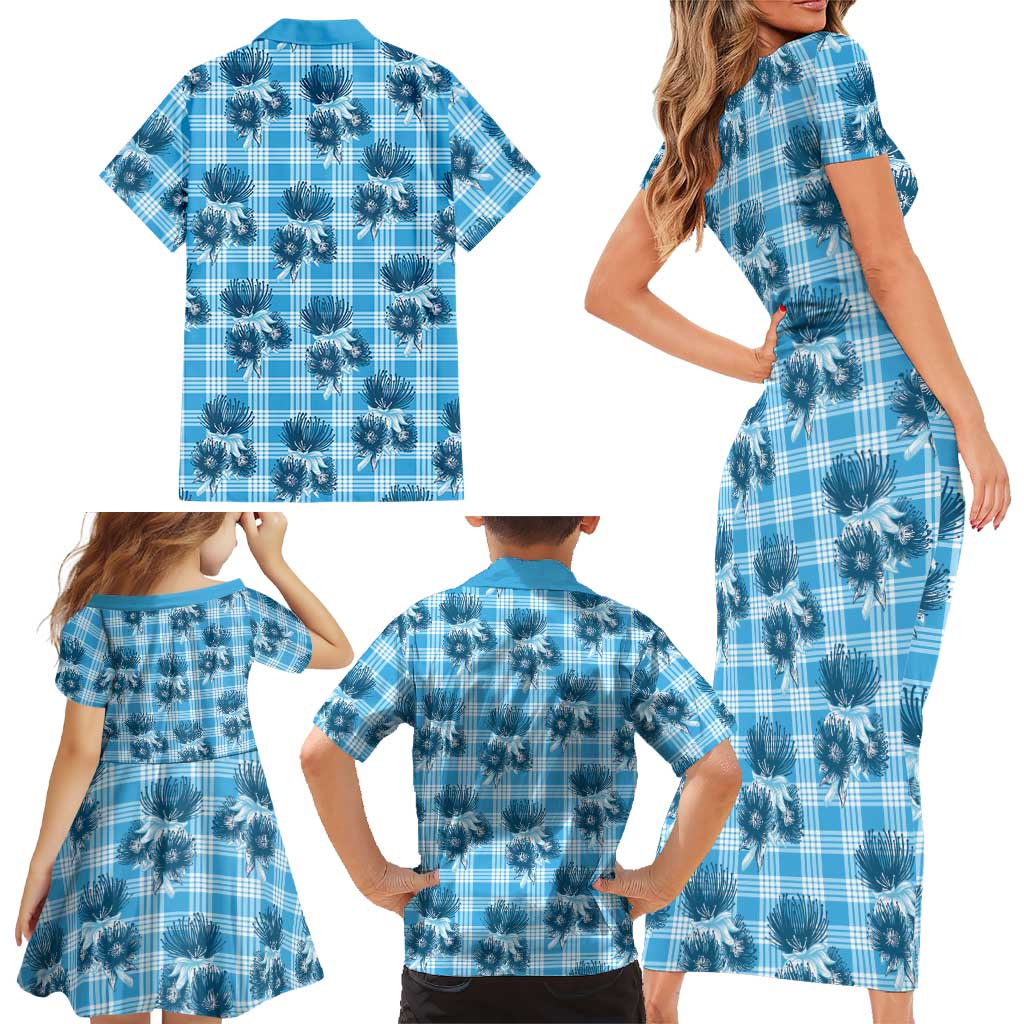 Blue Palaka Hawaii Family Matching Short Sleeve Bodycon Dress and Hawaiian Shirt Hawaiian Lehua Blossoms LT05 - Polynesian Pride