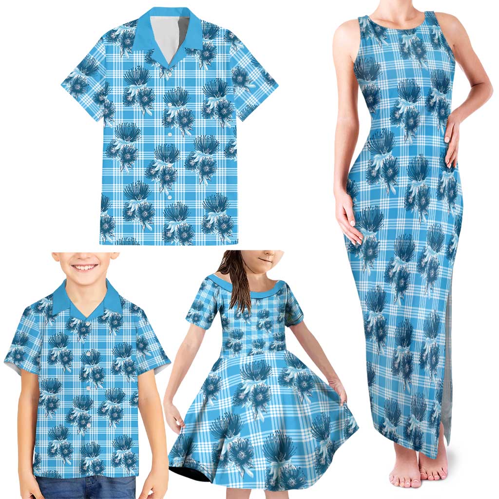 Blue Palaka Hawaii Family Matching Tank Maxi Dress and Hawaiian Shirt Hawaiian Lehua Blossoms