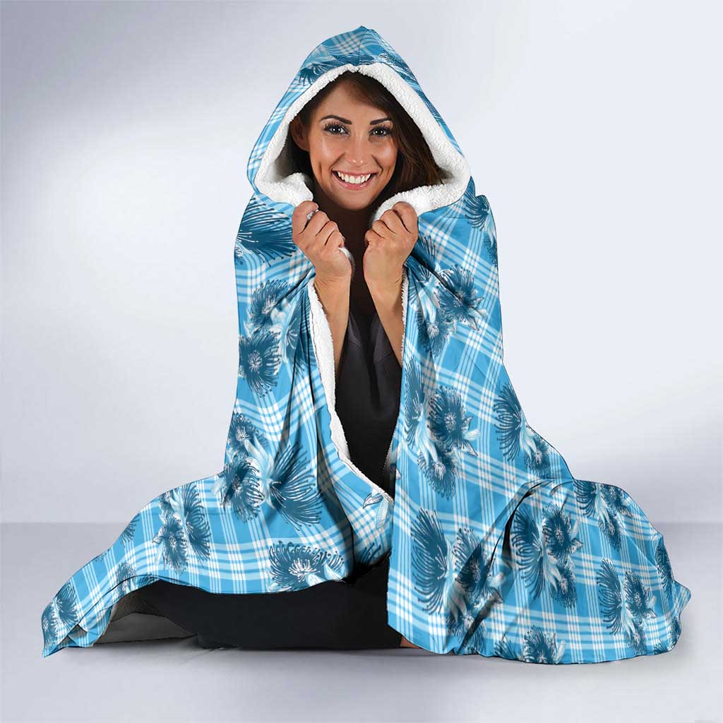 Blue Palaka Hawaii Hooded Blanket Hawaiian Lehua Blossoms