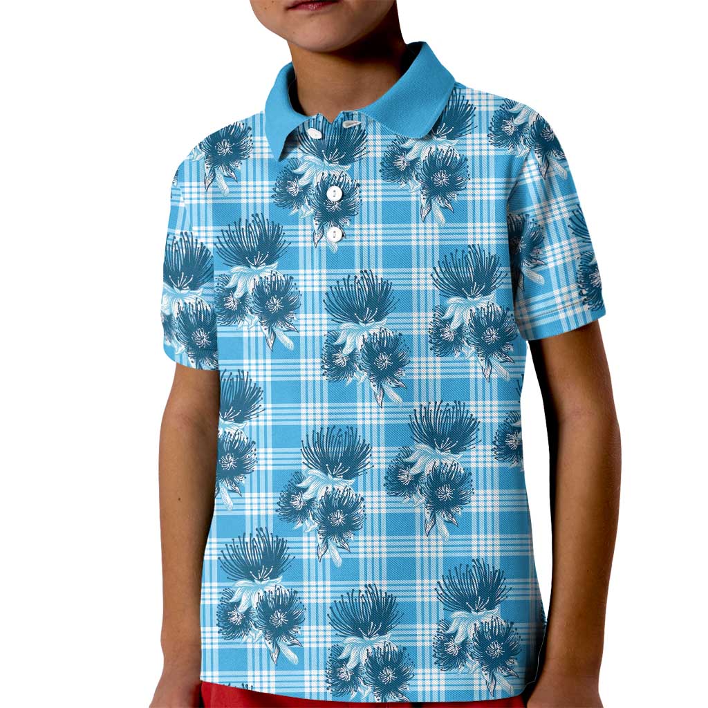 Blue Palaka Hawaii Kid Polo Shirt Hawaiian Lehua Blossoms
