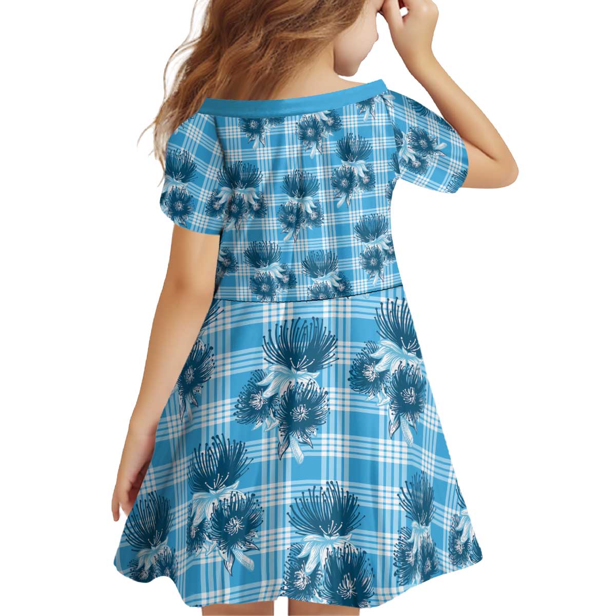Blue Palaka Hawaii Kid Short Sleeve Dress Hawaiian Lehua Blossoms